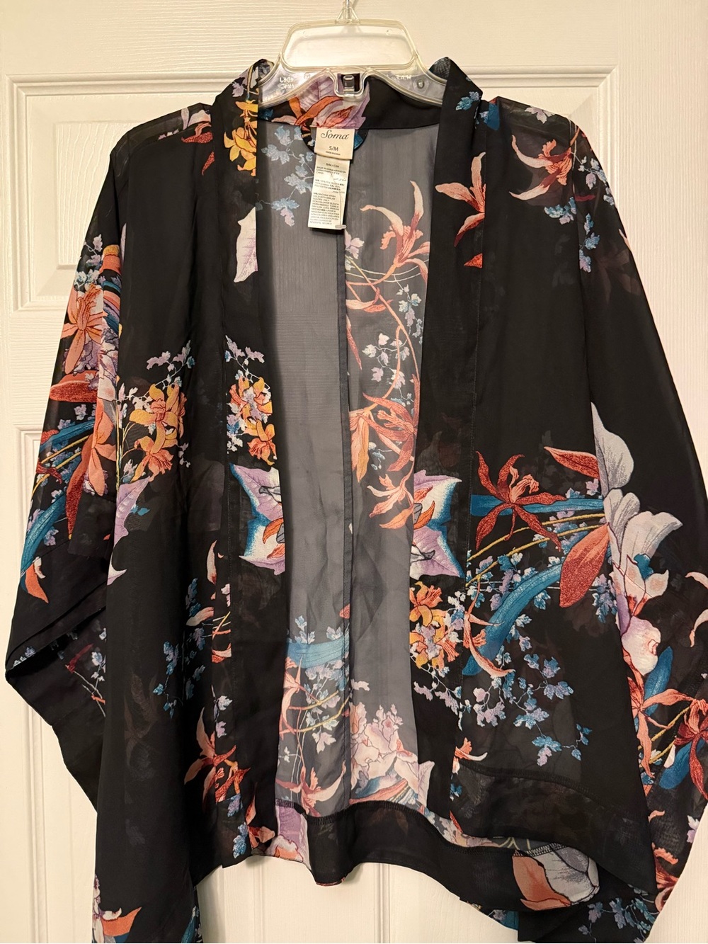 Soma Black Sheer Floral Kimono with Blue and Peach Accents